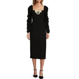 Antonio Melani 10 Elena Crepe Square Neck Long Ruched Sleeve Pearl Bow Dress NWT